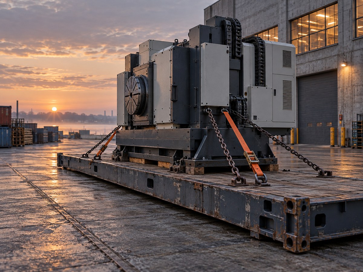 Heavy machinery lashing on a flat rack