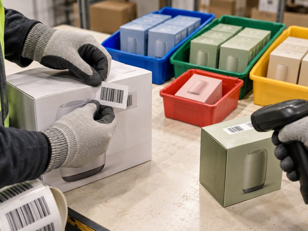 FNSKU label application and barcode scan