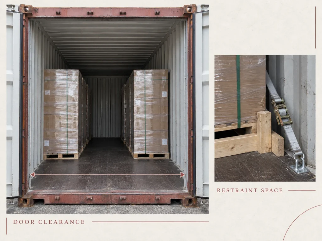 Foresmart container door and restraint space